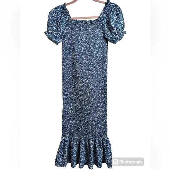 Floral Bodycon Dress, Puff Sleeve, Square Neck, Ruffle Hem Mermaid - Small - Picture 6 of 6